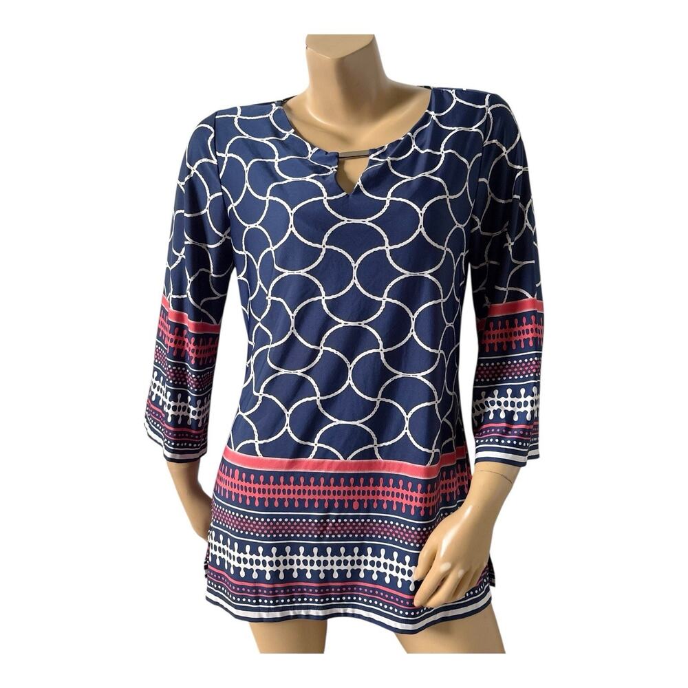 Ava & Grace Tunic Top Womens M Blue Pink Geometric 3/4 Sleeve Keyhole Stretch